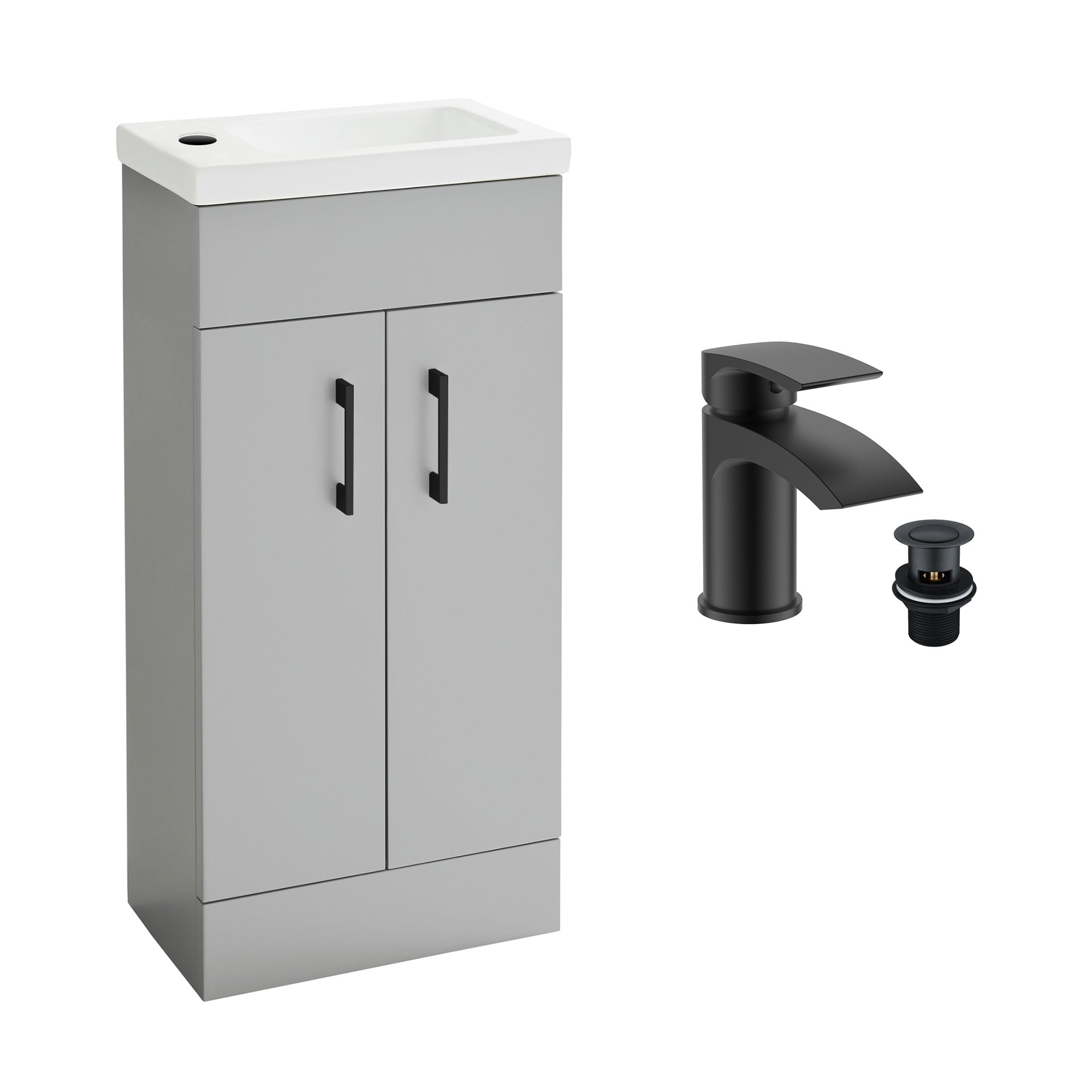 FNX Bathrooms Light Grey Matt 400mm Freestanding Vanity Unit with Ceramic Basin & Black Waterfall Mixer Tap