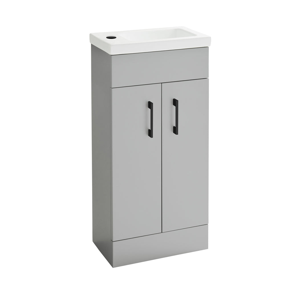 FNX Bathrooms Light Grey Matt 400mm Freestanding Vanity Unit with Ceramic Basin & Black Waterfall Mixer Tap