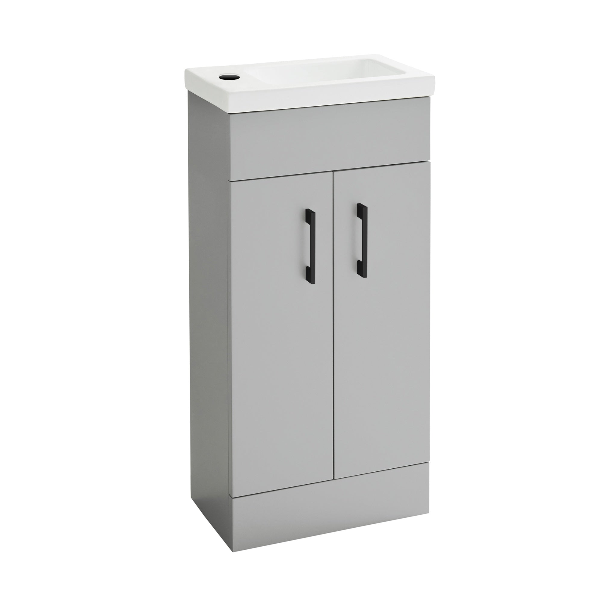 FNX Bathrooms Light Grey Matt 400mm Freestanding Vanity Unit with Ceramic Basin & Black Waterfall Mixer Tap