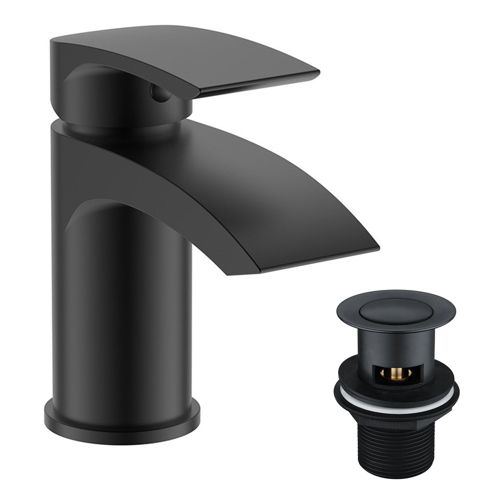 FNX Bathrooms Light Grey Matt 400mm Freestanding Vanity Unit with Ceramic Basin & Black Waterfall Mixer Tap
