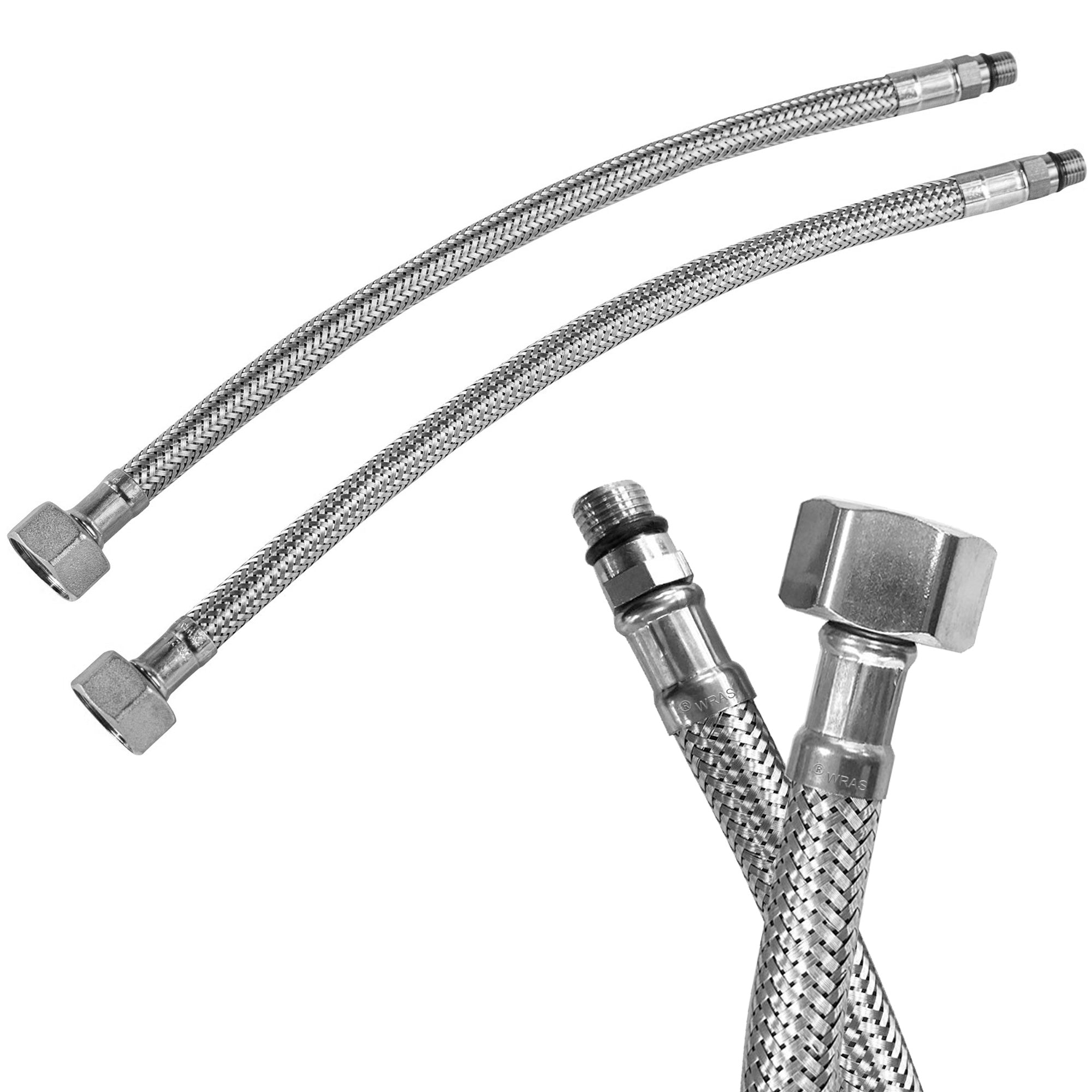 WRAS Approved Basin Mono Mixer & Kitchen Flexi Tap Connector Tail Hose Pair - 10mm x 1/2" x 350mm