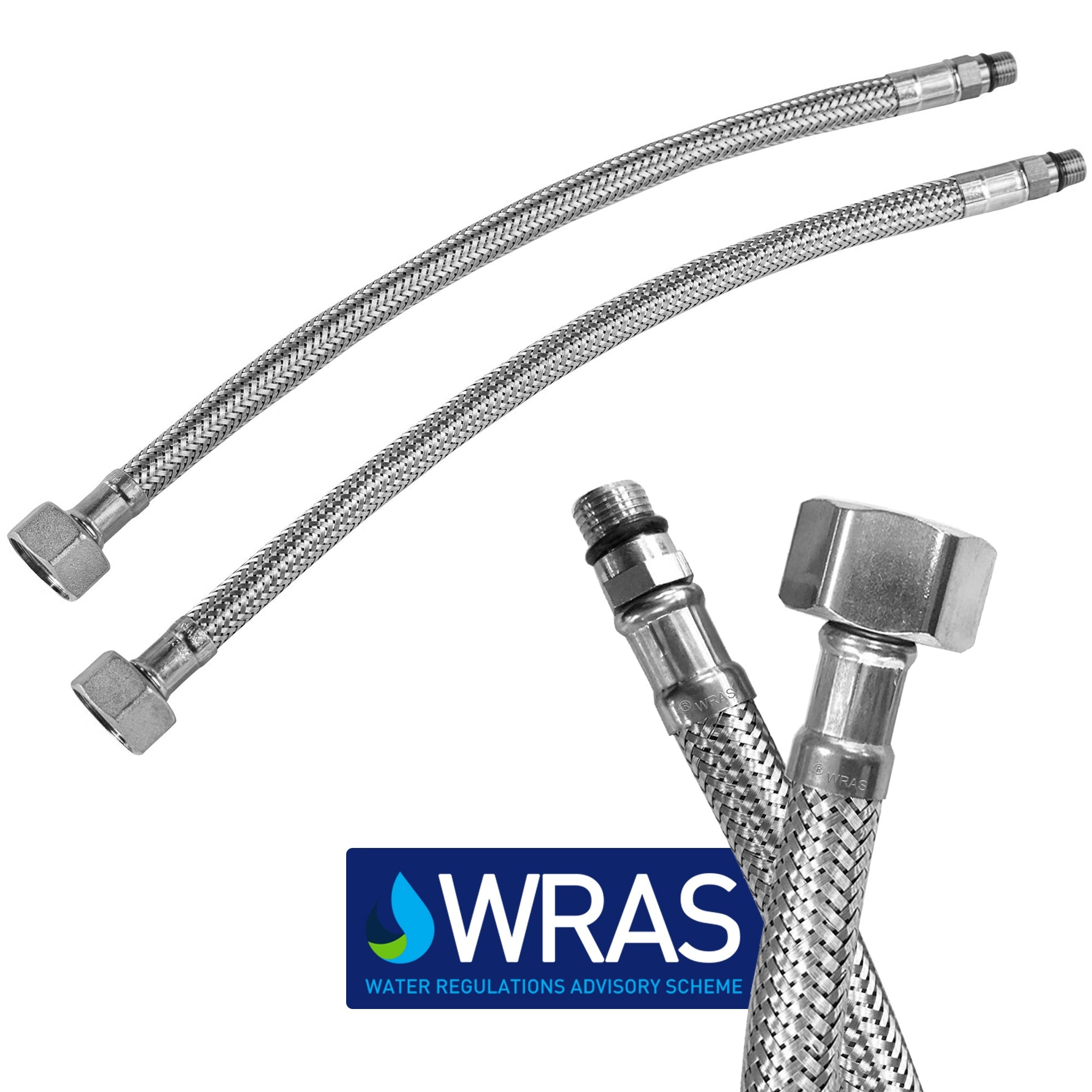 WRAS Approved Basin Mono Mixer & Kitchen Flexi Tap Connector Tail Hose Pair - 10mm x 1/2" x 350mm
