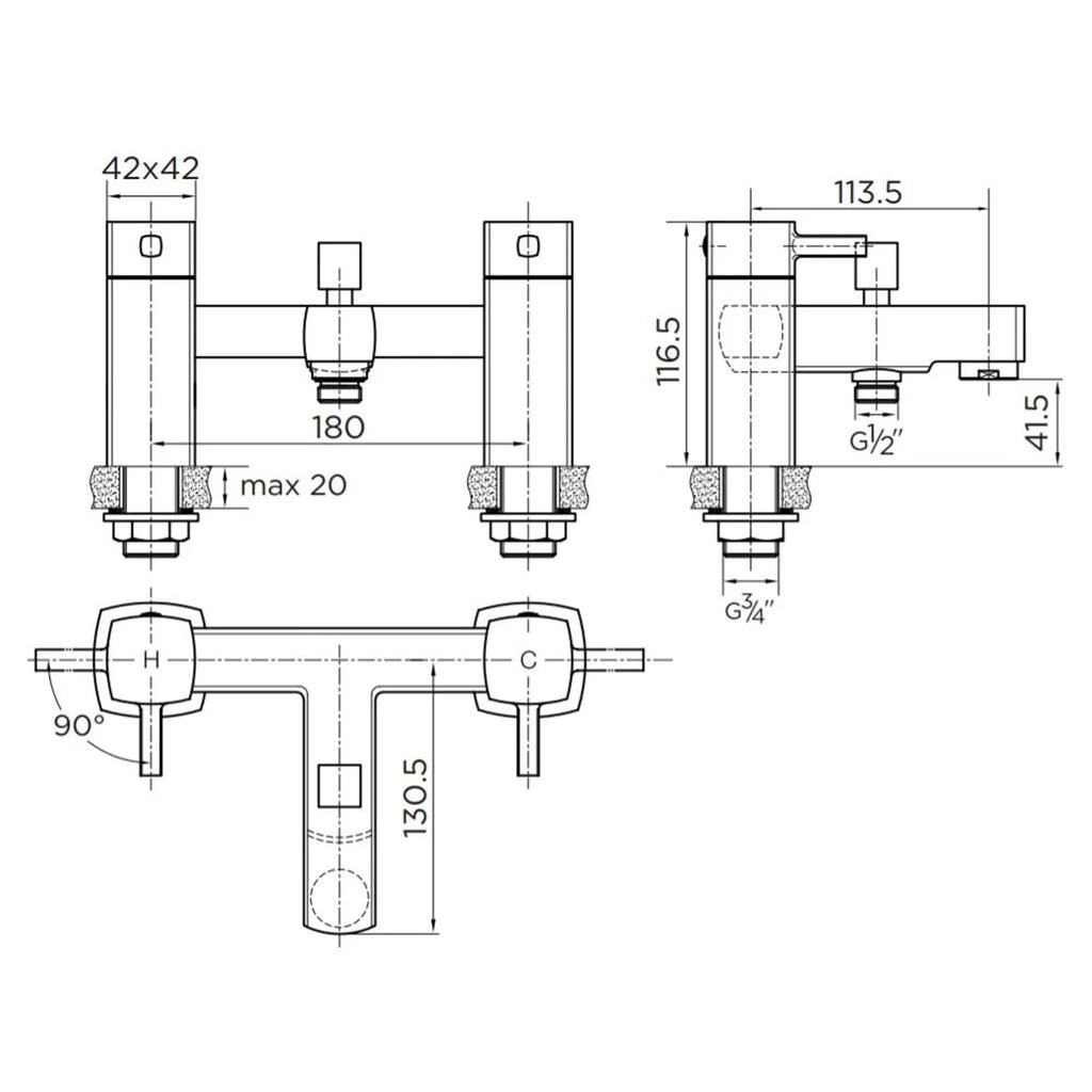 Square Over Head 3 Way Rigid Riser Shower Kit with Cube Bath Shower Mixer