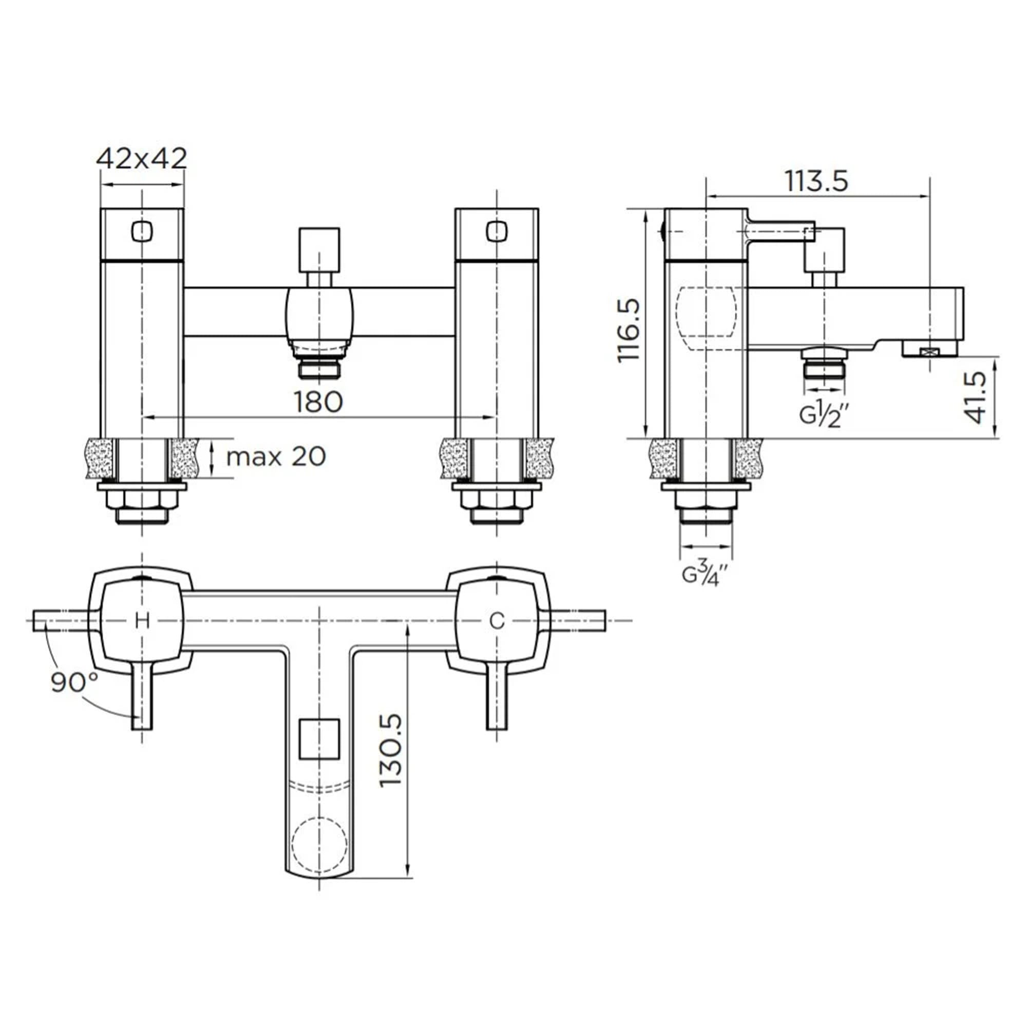 Square Over Head 3 Way Rigid Riser Shower Kit with Cube Bath Shower Mixer