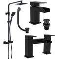 Matt Black Waterfall Bathroom Suite with Thermostatic Square Shower, Basin Tap, Bath Filler & Pop-Up Wastes