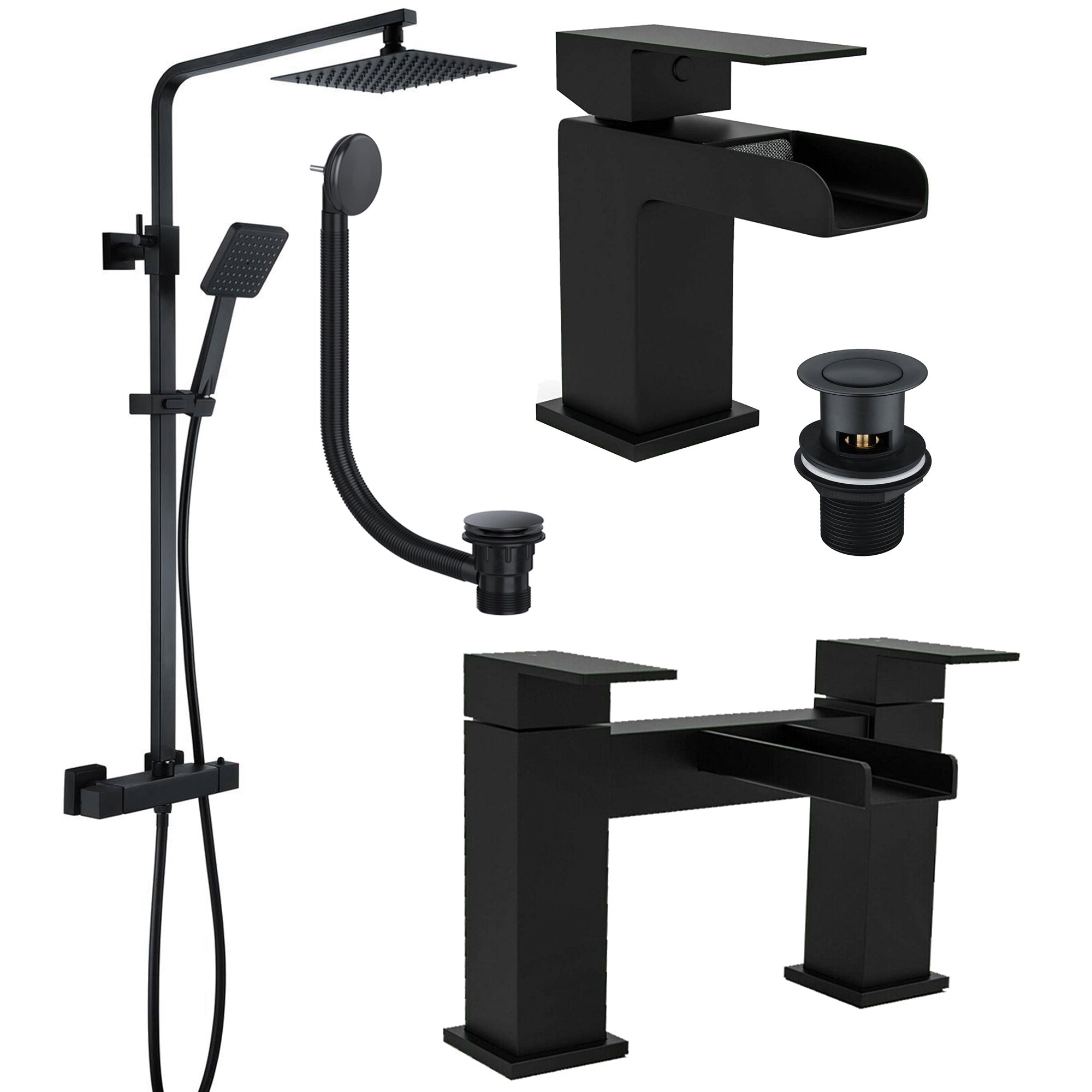Matt Black Waterfall Bathroom Suite with Thermostatic Square Shower, Basin Tap, Bath Filler & Pop-Up Wastes