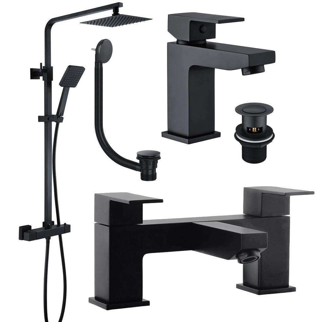 Matt Black Bathroom Suite: Square Thermostatic Shower Kit, Form Basin Tap, Bath Filler & Pop-Up Waste