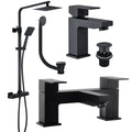 Matt Black Bathroom Suite: Square Thermostatic Shower Kit, Form Basin Tap, Bath Filler & Pop-Up Waste