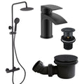 Matt Black Round Thermostatic Overhead Shower Kit with Sleek Basin Tap and Shower Tray Waste