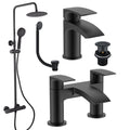 Matt Black Round Thermostatic Overhead Shower Kit with Sleek Basin Tap, Waterfall Bath Filler, and Pop Up Bath Waste