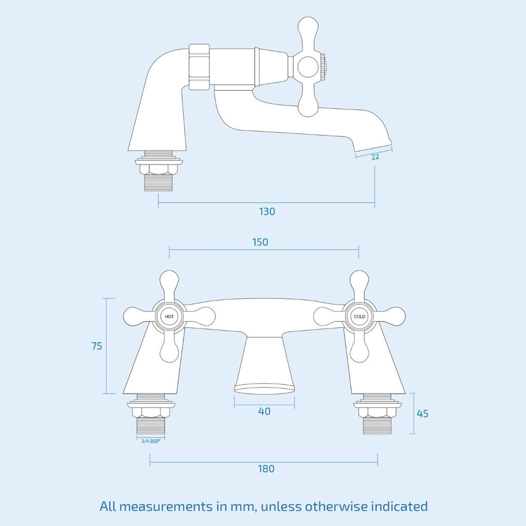 Chrome Traditional Victorian Wall Mounted Bath Filler Mixer Tap - Crosshead Handles