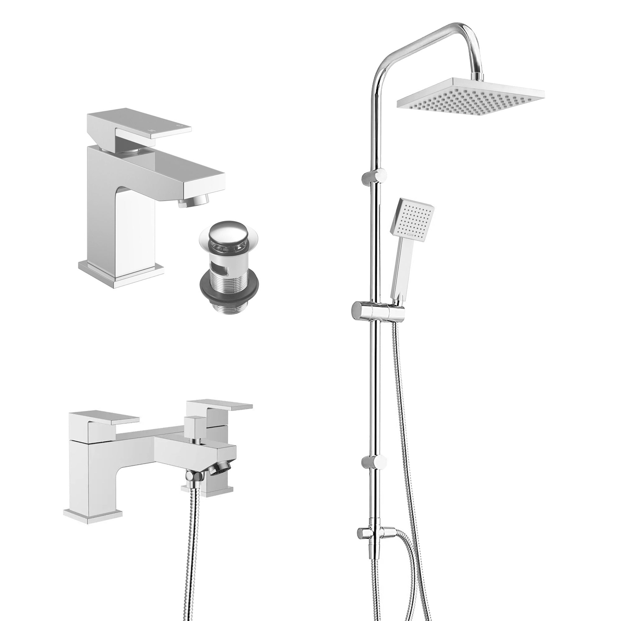 Square Over Head 3 Way Rigid Riser Shower Kit with Square Bath Shower Mixer & Basin Tap Set