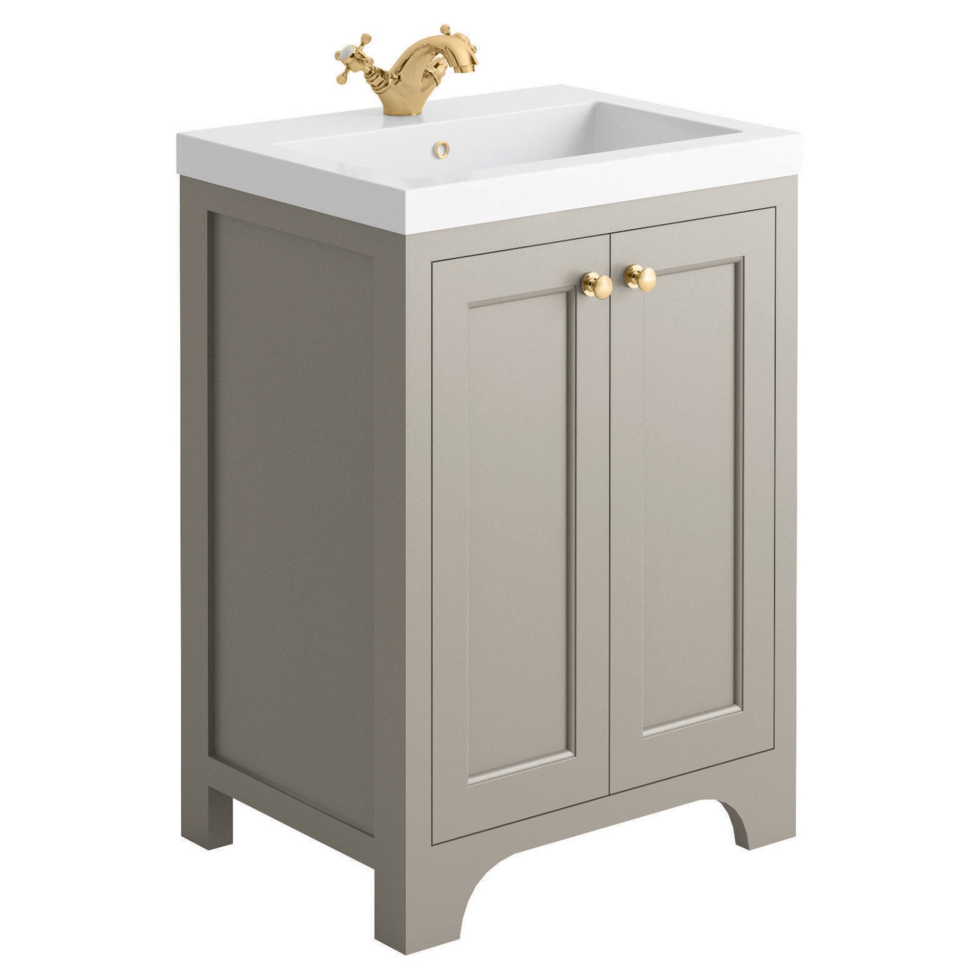 Traditional Dove Grey 600mm Shaker Vanity Unit & Basin Set with Brushed Brass Tap, Waste & Handles