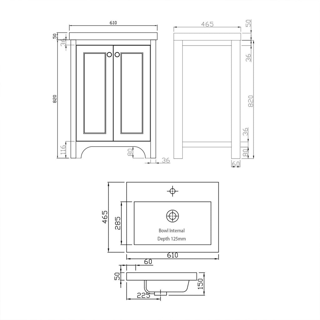 Traditional Dove Grey 600 Shaker Style Vanity Unit, Basin & Chrome Basin Tap Inc Waste