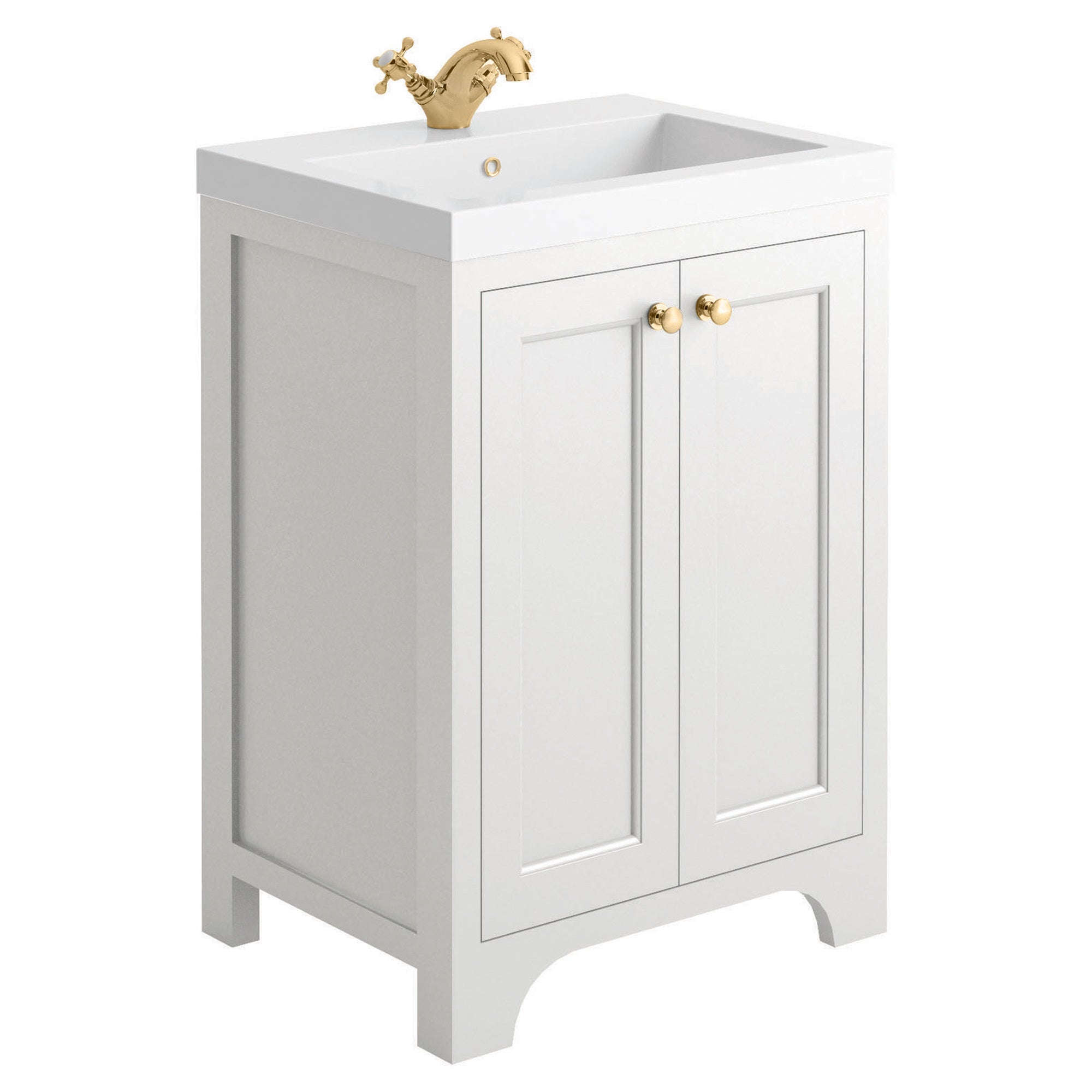 Traditional White 600 Shaker Style Vanity Unit, Basin & Brushed Brass Handles, Basin Tap & Waste