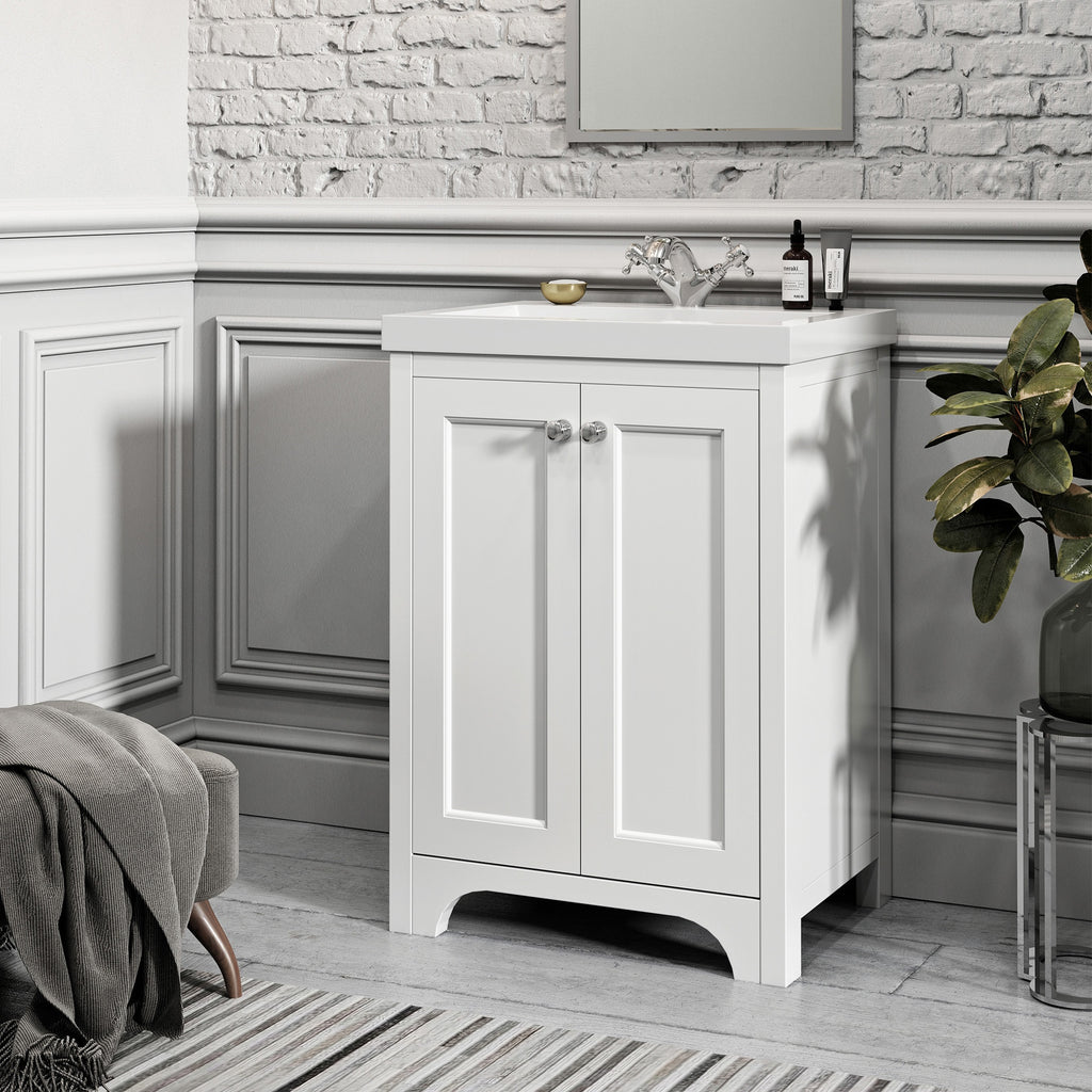 Traditional White 600 Shaker Style Vanity Unit, Basin & Brushed Brass Handles, Basin Tap & Waste