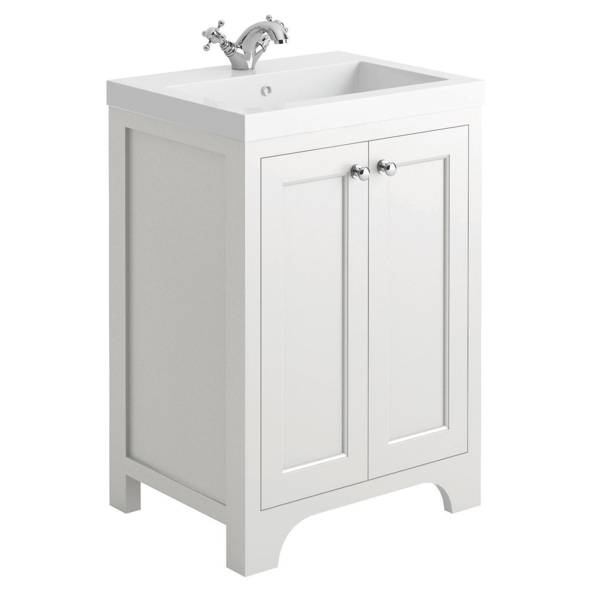 Traditional White 600mm Shaker Vanity Unit & Basin with Chrome Tap & Waste