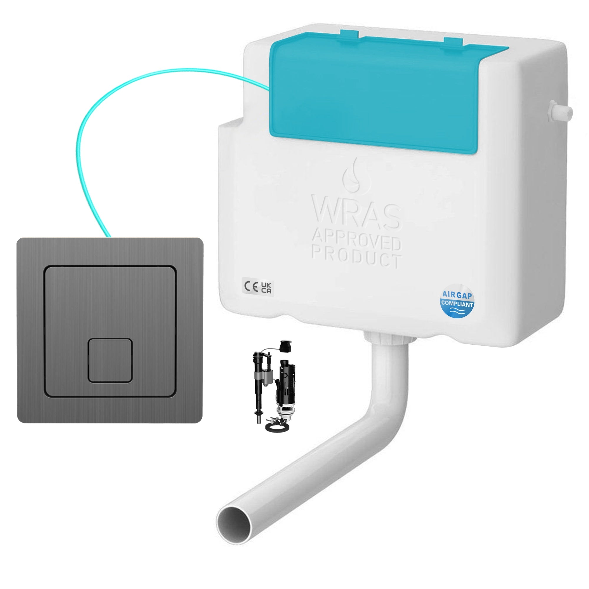 Side Entry Concealed Toilet Cistern WC with Dual Flush Square Gunmetal Push Button - Includes WRAS Internals & Pipe