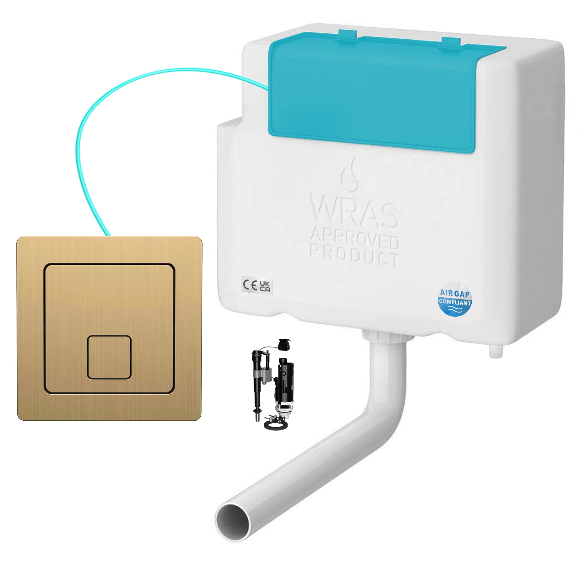 FNX Bathrooms Concealed Toilet Cistern with Dual Flush Brushed Brass Square Button, Bottom Entry & WRAS Approved