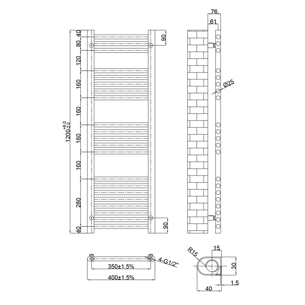 1200x400mm Luxury Brushed Bronze Vertical Heated Towel Rail Radiator, Dual Fuel & High Heat Output