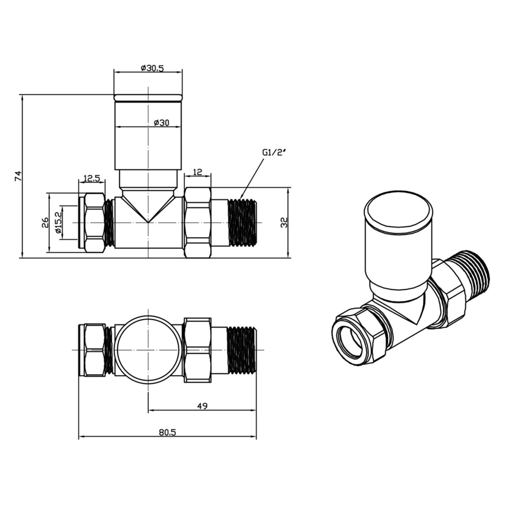 Brushed Bronze Straight Manual Radiator Valve & Lockshield x 1/2" (Dia) 15mm