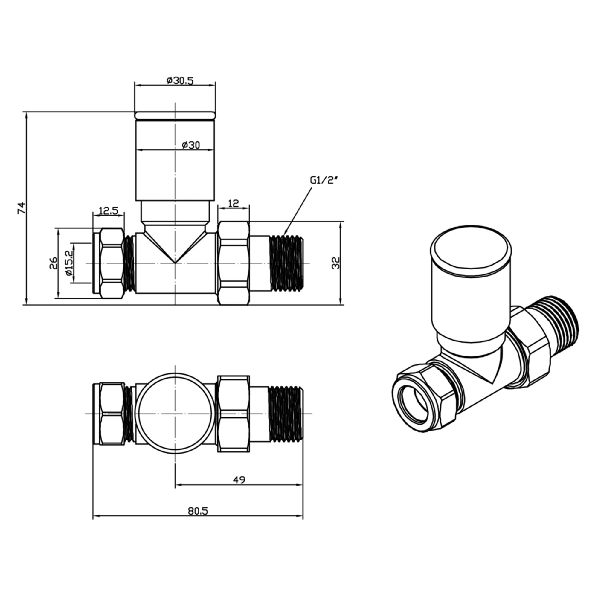 Brushed Bronze Straight Manual Radiator Valve & Lockshield x 1/2" (Dia) 15mm