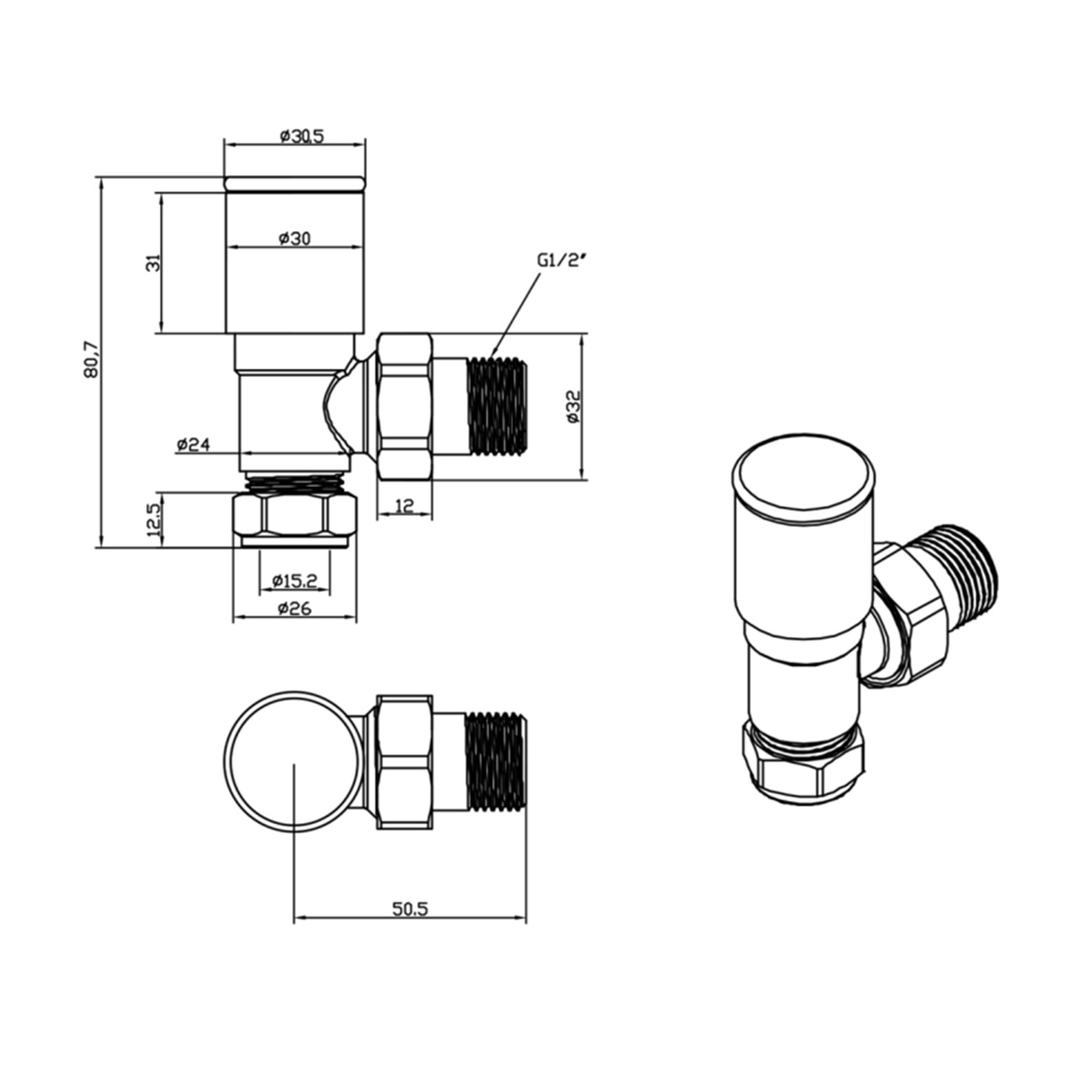 Brushed Bronze Angled Manual Radiator Valve & Lockshield x 1/2" (Dia) 15mm