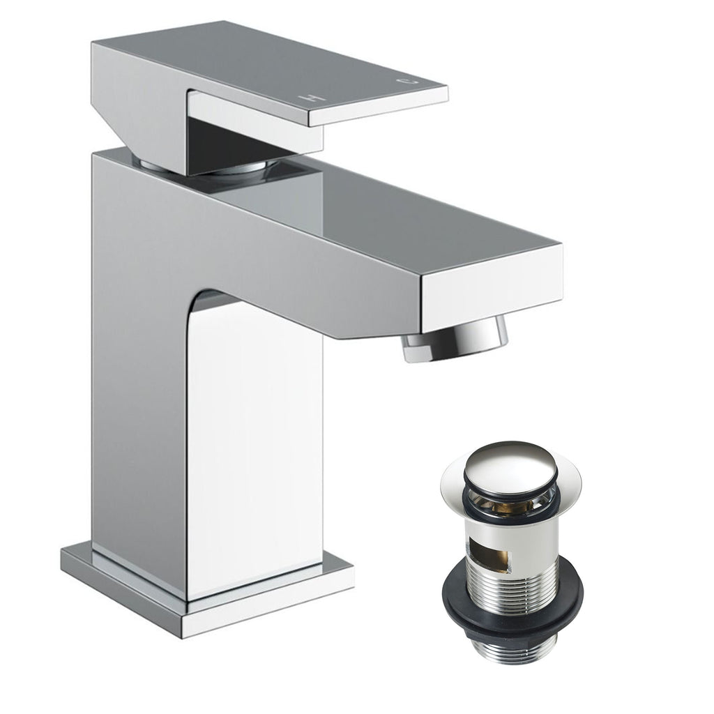 Modern Chrome Square Basin Tap Mono Mixer Faucet with Slotted Waste - Solid Brass Deck Mounted
