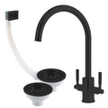 FNX Bathrooms Newbury Matt Black Kitchen Mixer Tap with Dual Lever, 90mm Basket Waste & Square Overflow