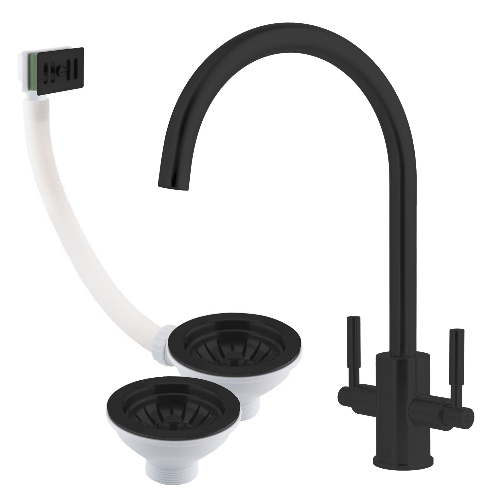 FNX Bathrooms Newbury Matt Black Kitchen Mixer Tap with Dual Lever, 90mm Basket Waste & Square Overflow