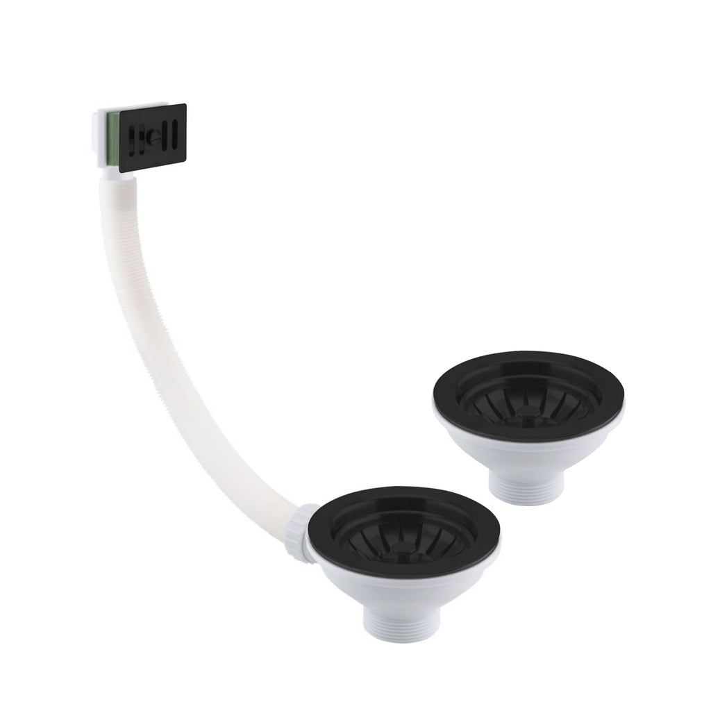 FNX Bathrooms Newbury Matt Black Kitchen Mixer Tap with Dual Lever, 90mm Basket Waste & Square Overflow