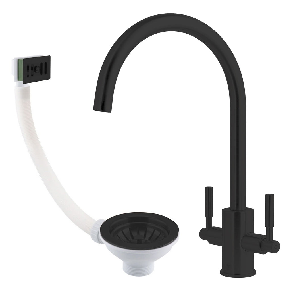 Newbury Matt Black Dual Lever Kitchen Sink Mixer Tap with Swivel Spout & 90mm Basket Strainer Waste