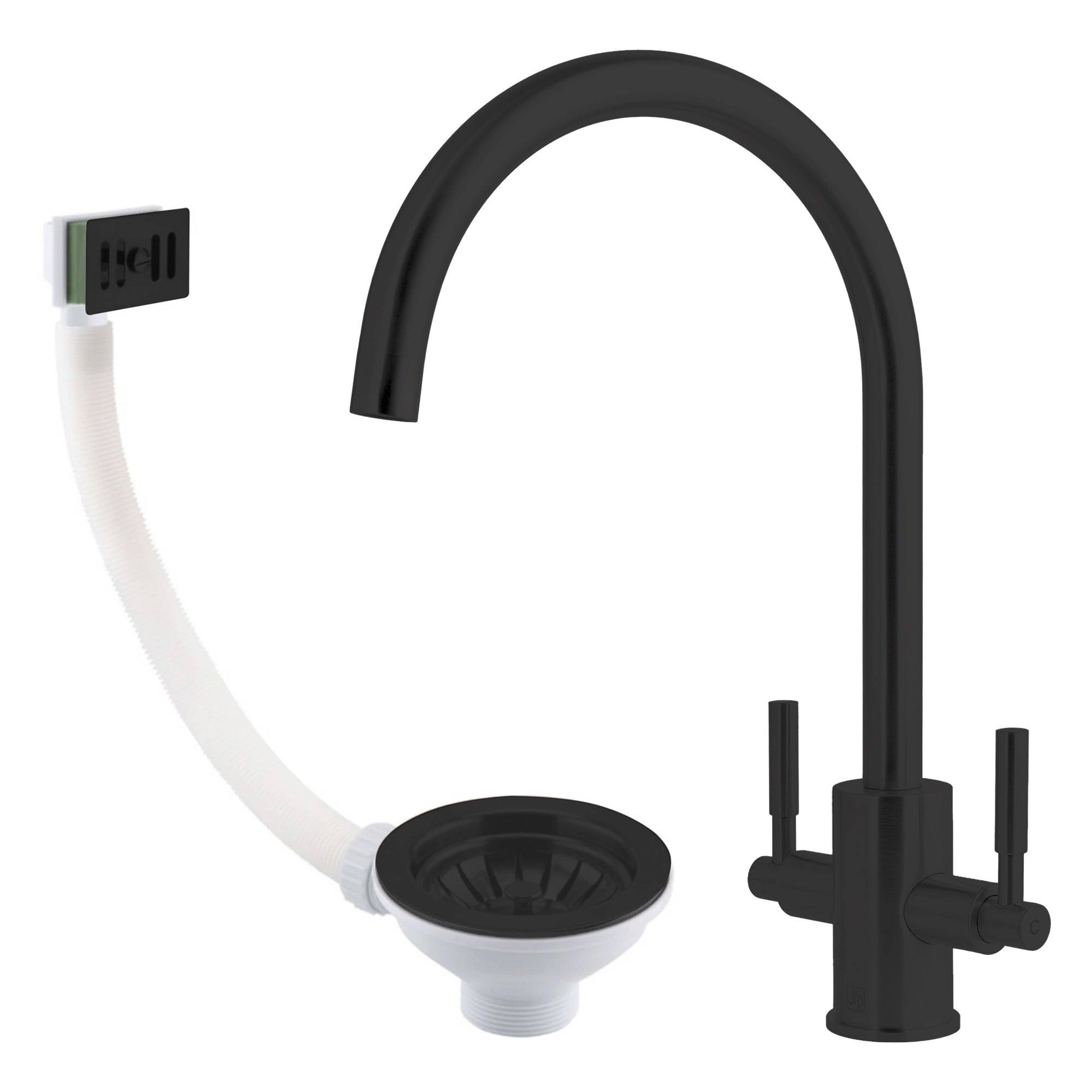 Newbury Matt Black Dual Lever Kitchen Sink Mixer Tap with Swivel Spout & 90mm Basket Strainer Waste