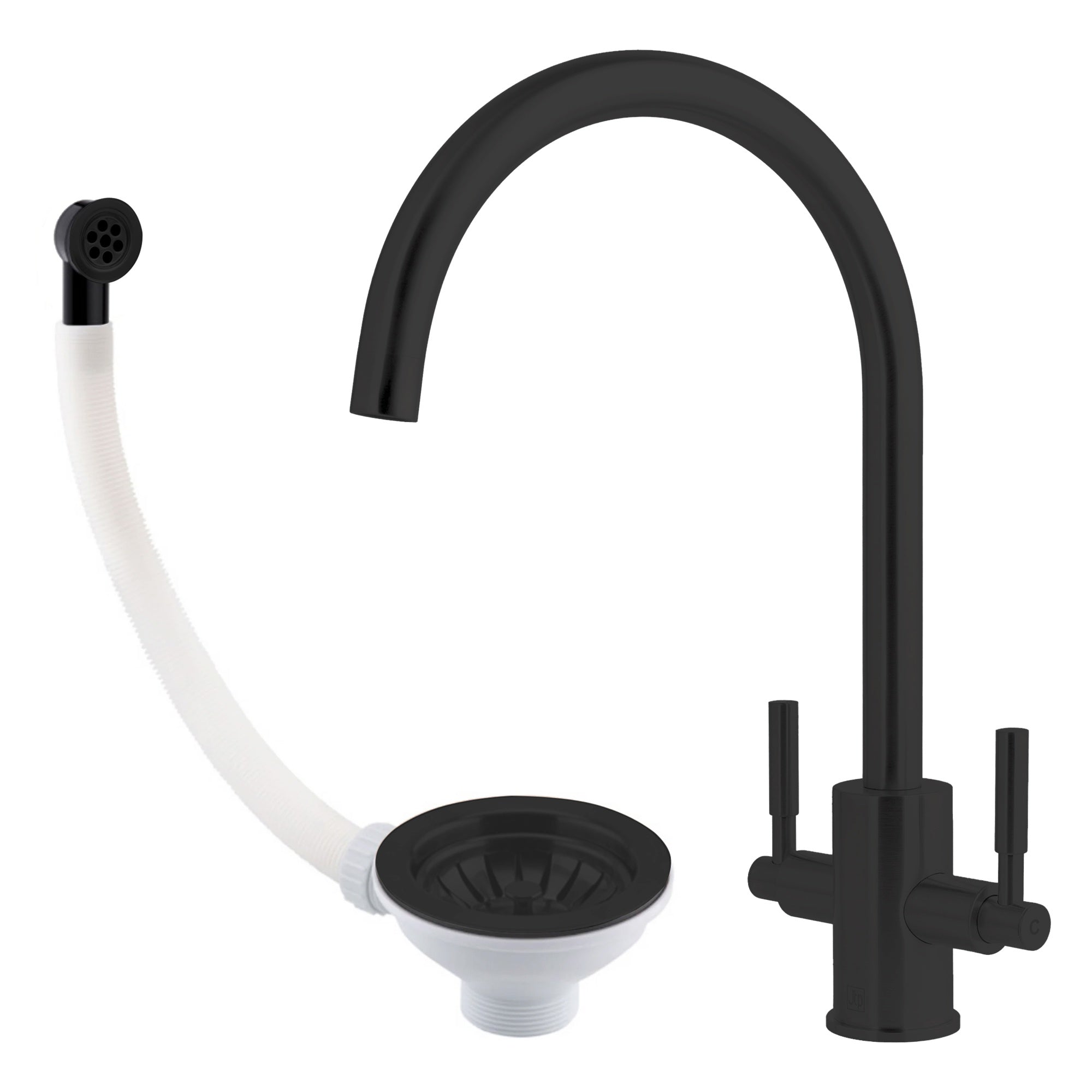 Newbury Matt Black Dual Lever Kitchen Mixer Tap with Swivel Spout & 90mm Basket Strainer Waste