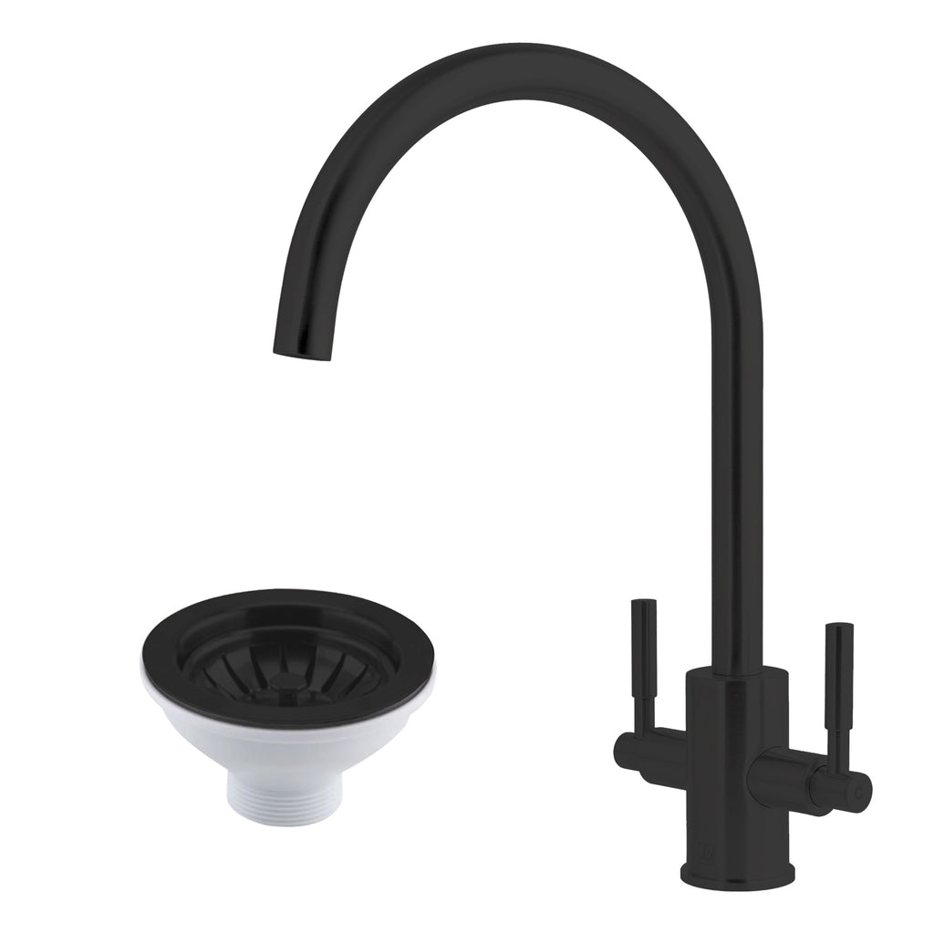 Newbury Matt Black Dual Lever Kitchen Mixer Tap & Matching 90mm Strainer Waste Set