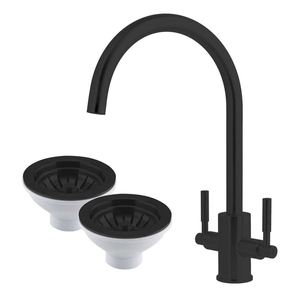 Newbury Matt Black Brass Dual Lever Kitchen Mixer Tap & 2 Matching Basket Strainer Wastes