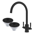Newbury Matt Black Brass Dual Lever Kitchen Mixer Tap & 2 Matching Basket Strainer Wastes