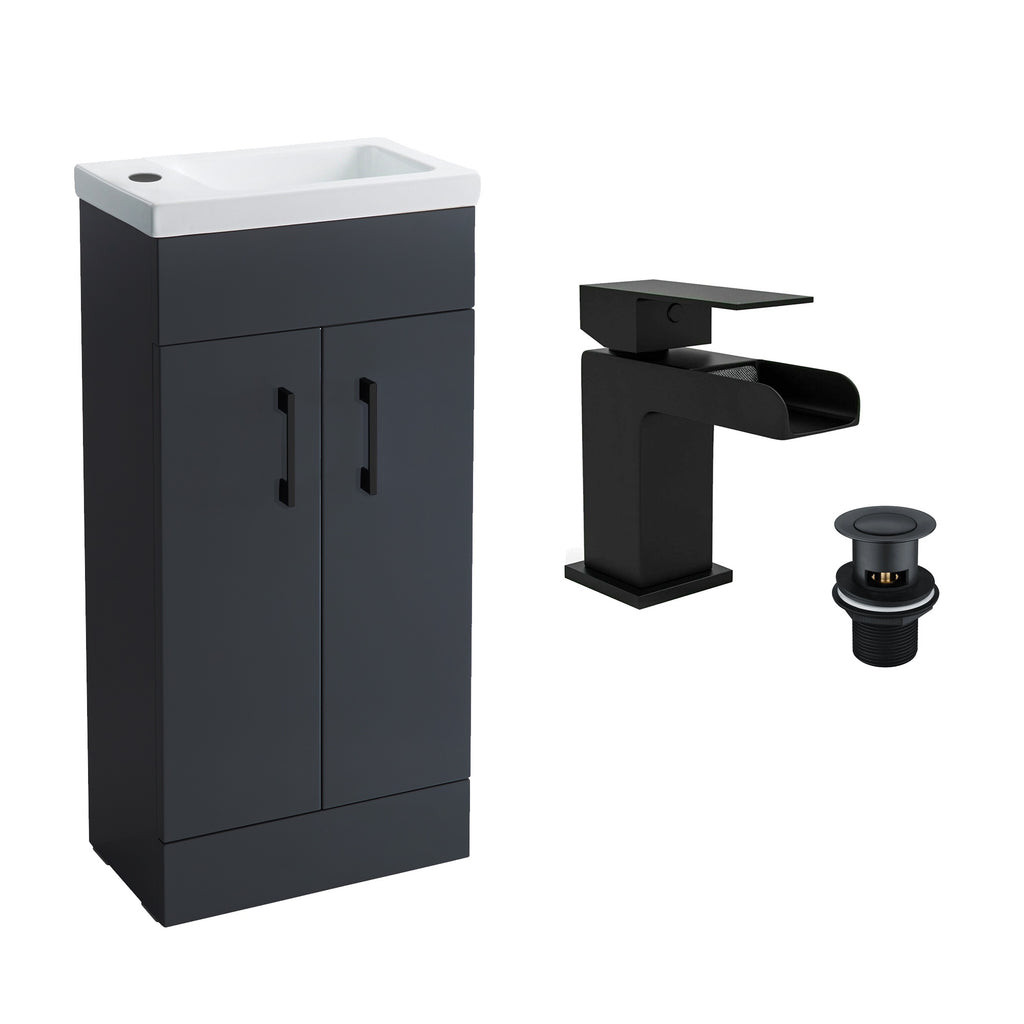 Anthracite Grey 400 Vanity Basin Sink Unit & Black Waterfall Basin Tap & Handles