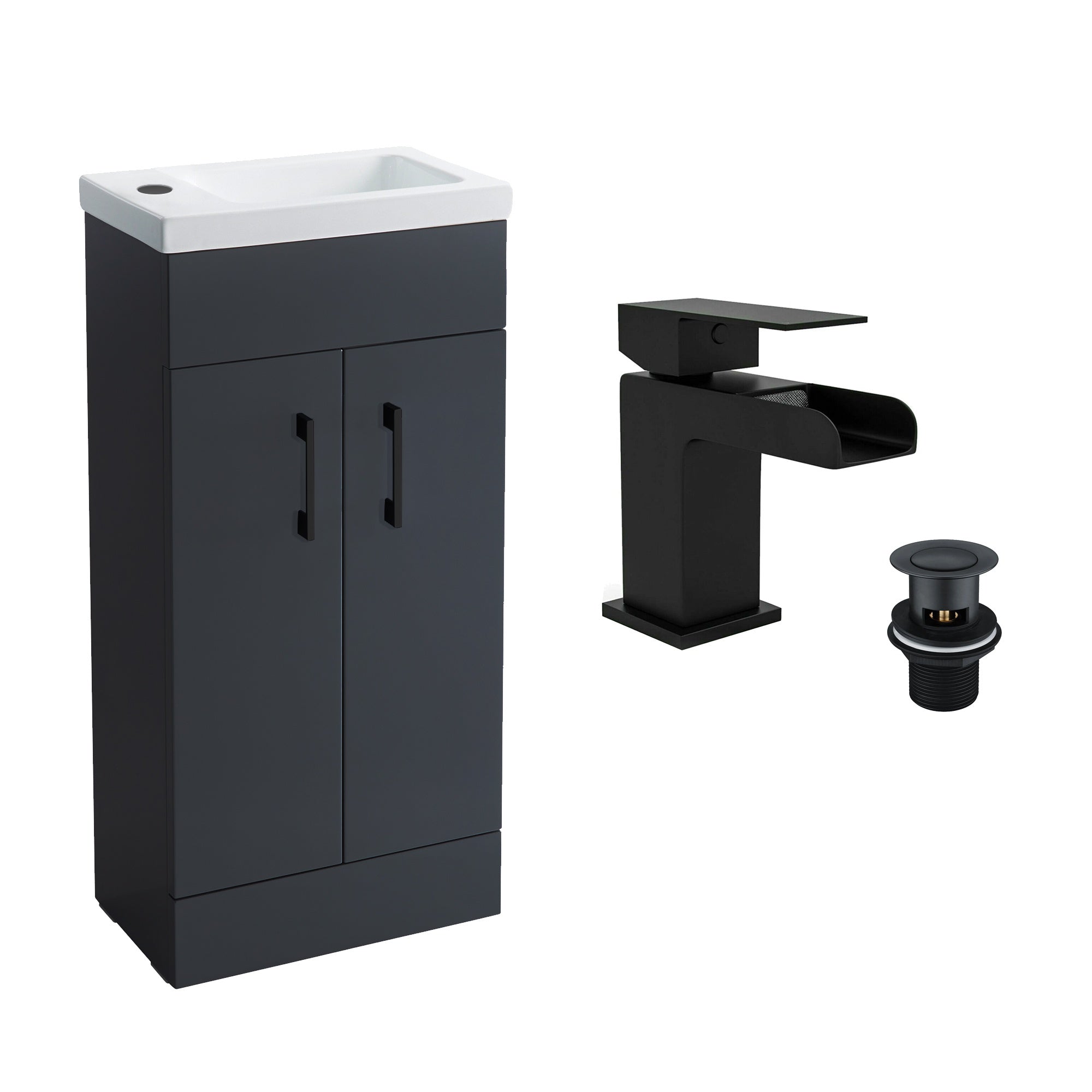 Anthracite Grey 400 Vanity Basin Sink Unit & Black Waterfall Basin Tap & Handles