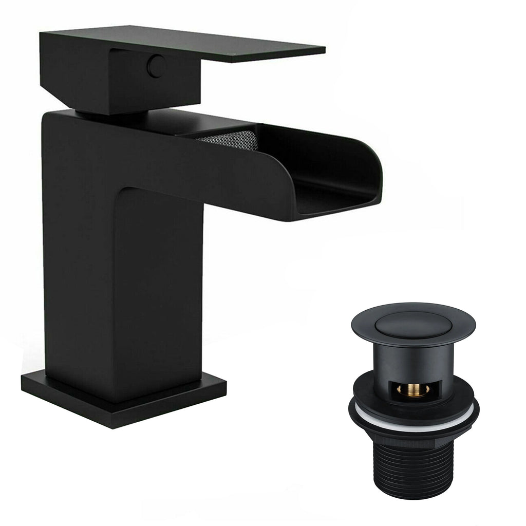 Anthracite Grey 400 Vanity Basin Sink Unit & Black Waterfall Basin Tap & Handles