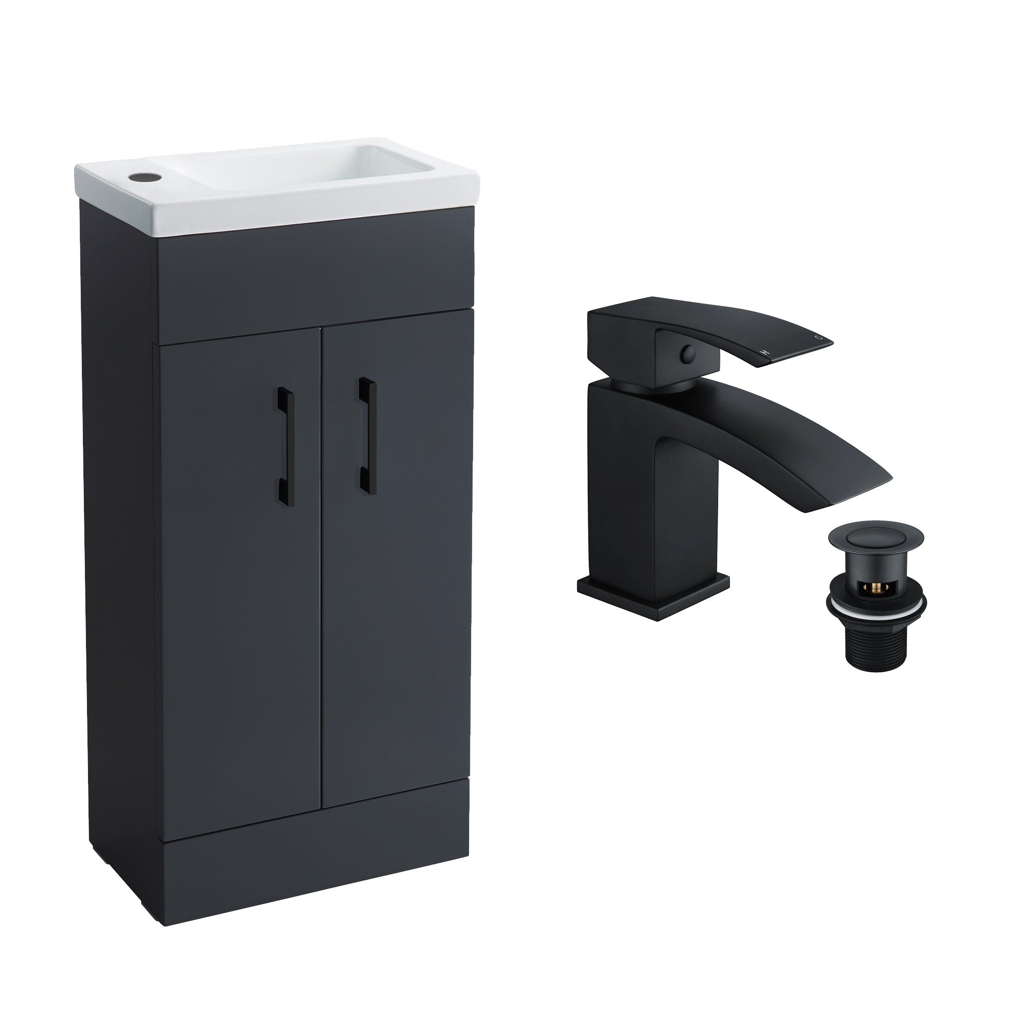 Anthracite Grey 400 Vanity Basin Sink Unit & Black Waterfall Basin Tap & Handles