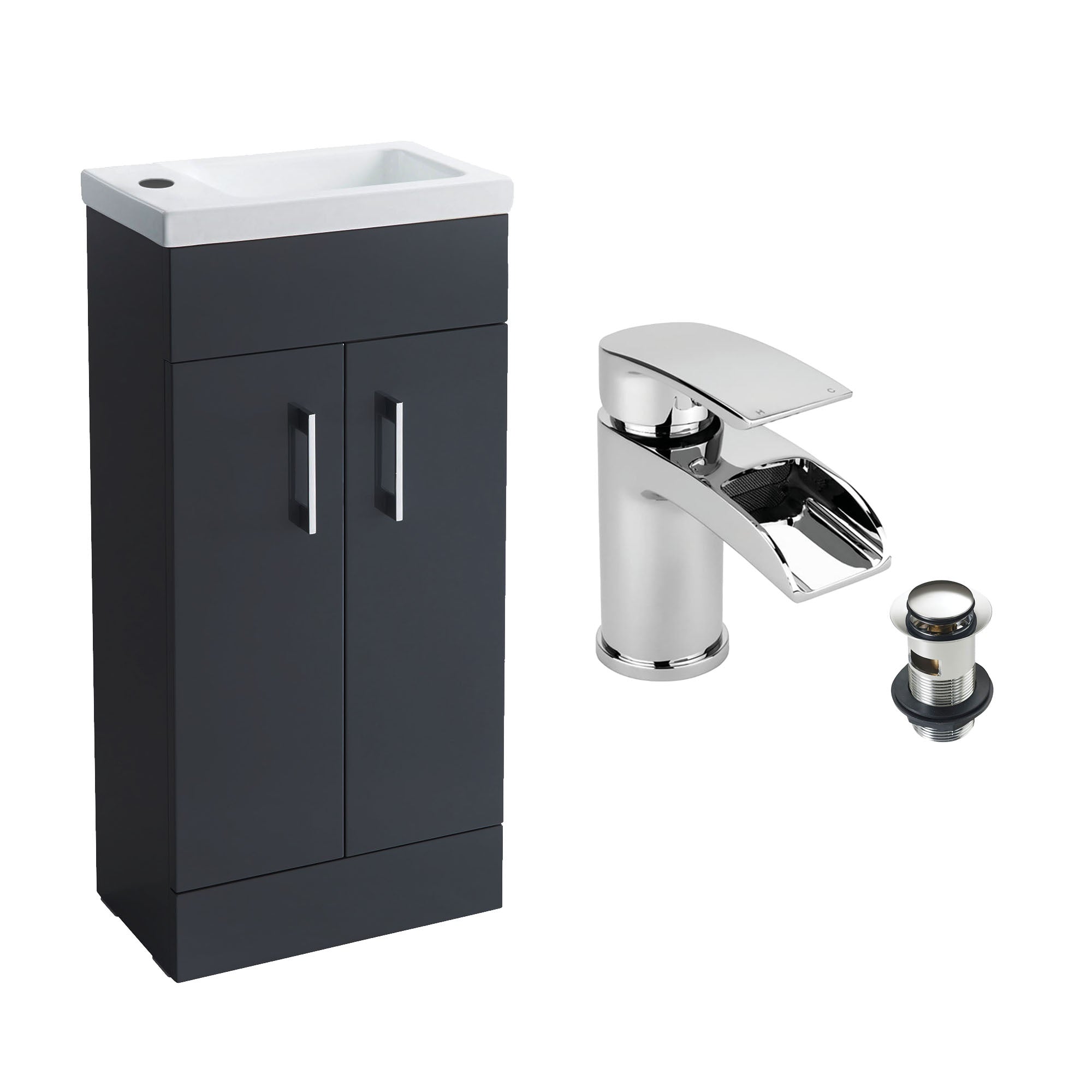 Anthracite Grey 400 Vanity Basin Sink Unit & Chrome Waterfall Tap & Handles
