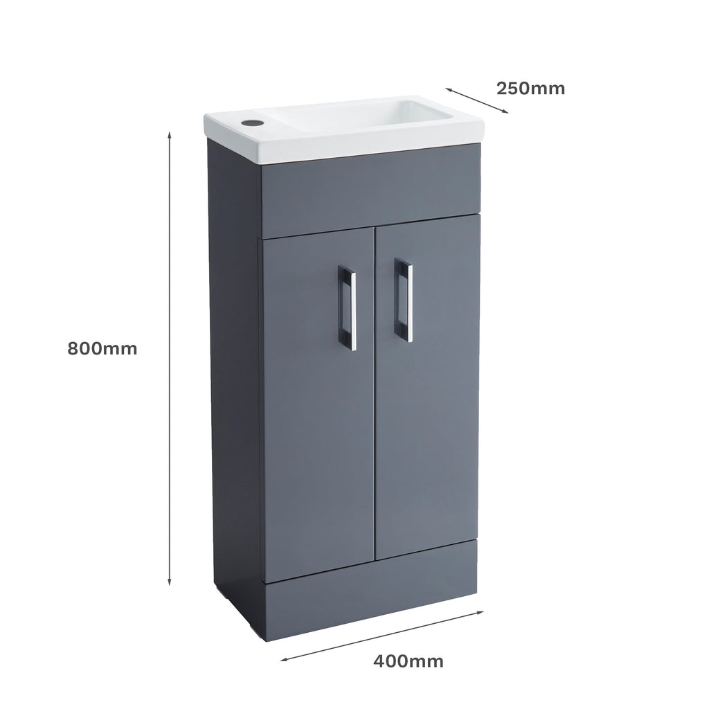 Anthracite Grey 400 Vanity Basin Sink Unit & Chrome Waterfall Tap & Handles