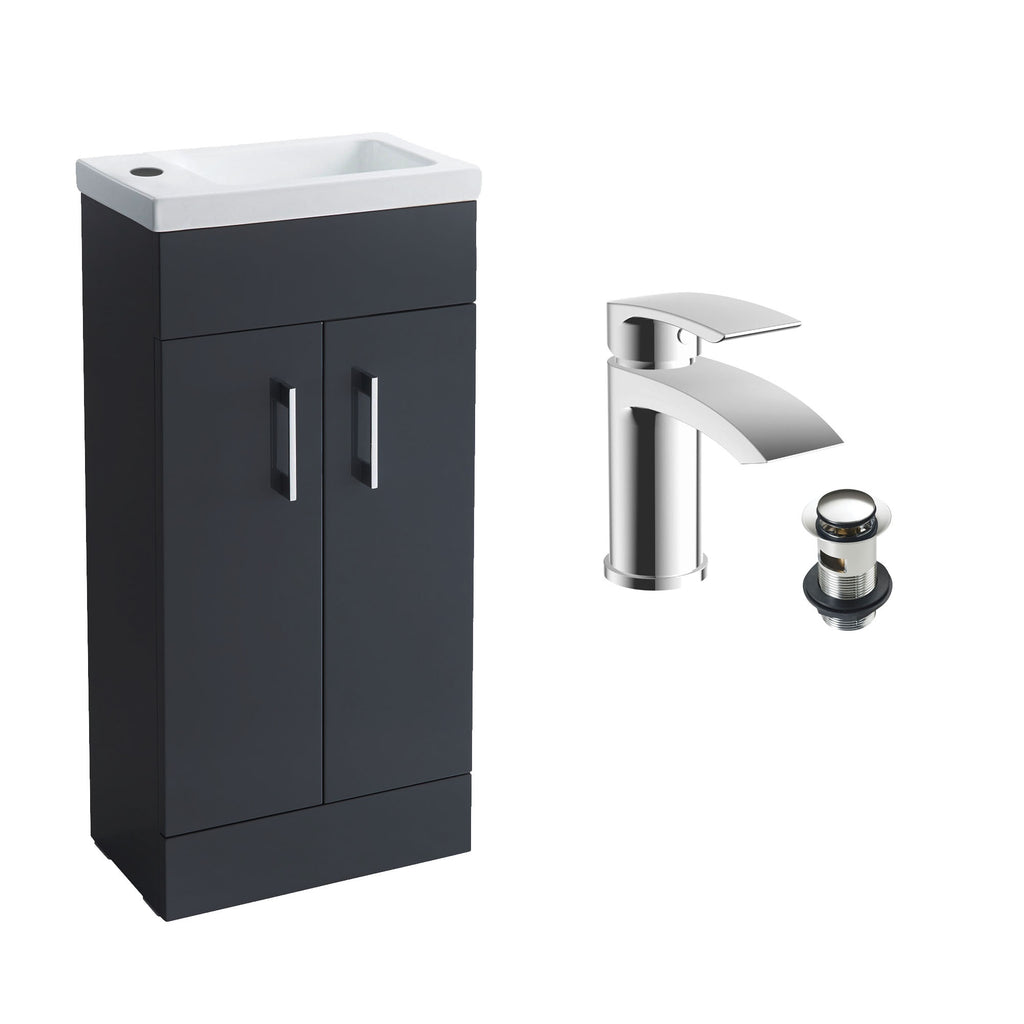 Anthracite Grey 400 Vanity Basin Sink Unit & Chrome Waterfall Tap & Handles