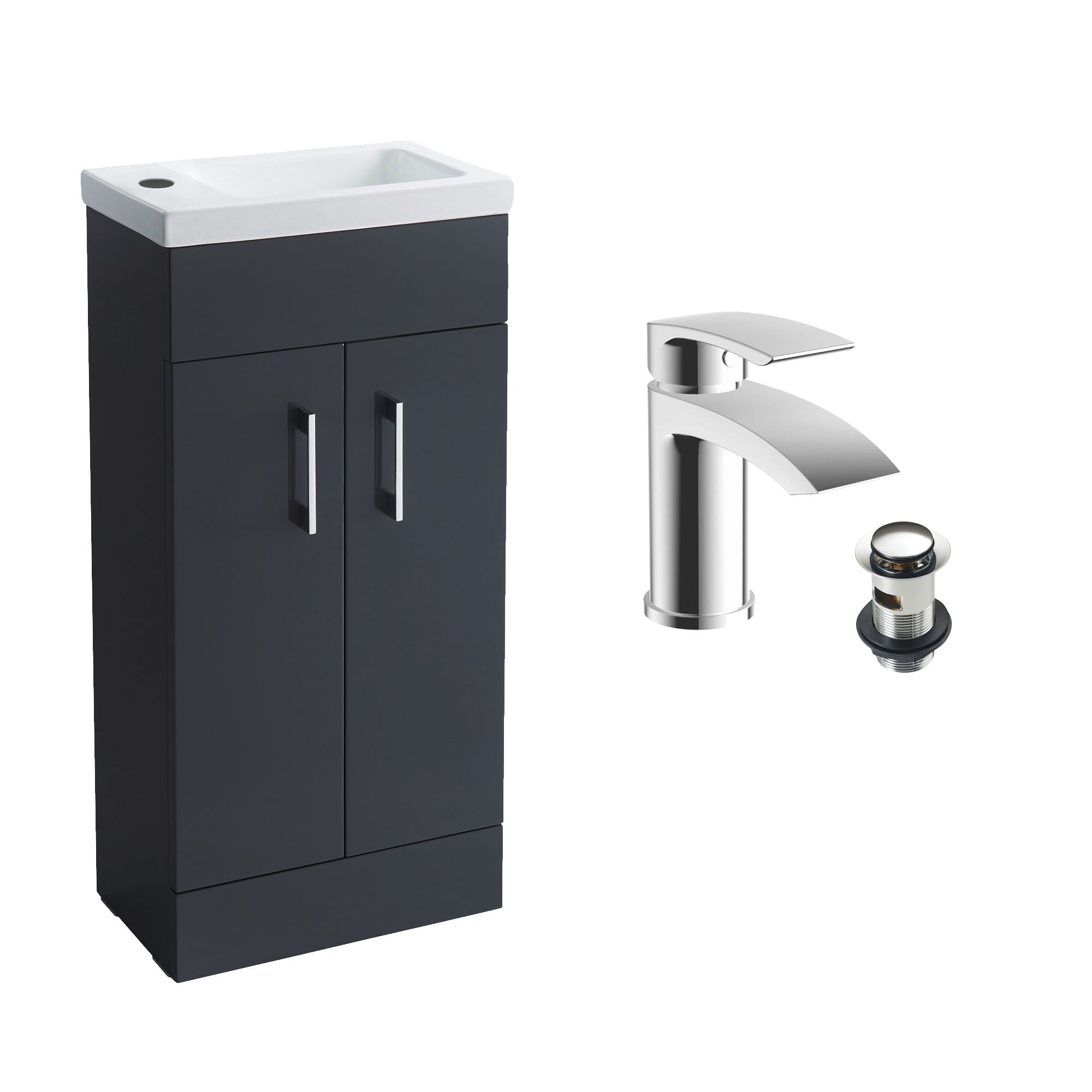 Anthracite Grey 400 Vanity Basin Sink Unit & Chrome Waterfall Tap & Handles