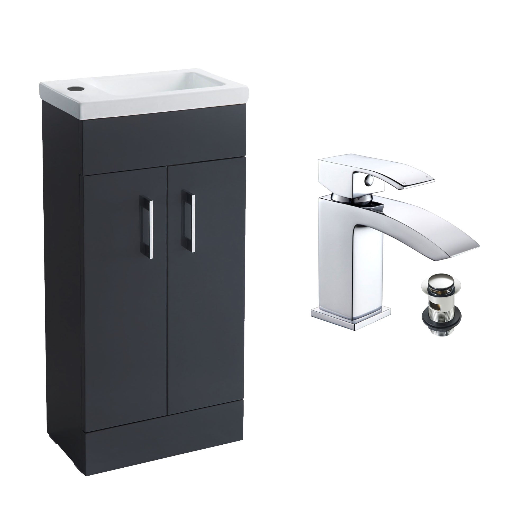 Anthracite Grey 400 Vanity Basin Sink Unit & Chrome Waterfall Tap & Handles