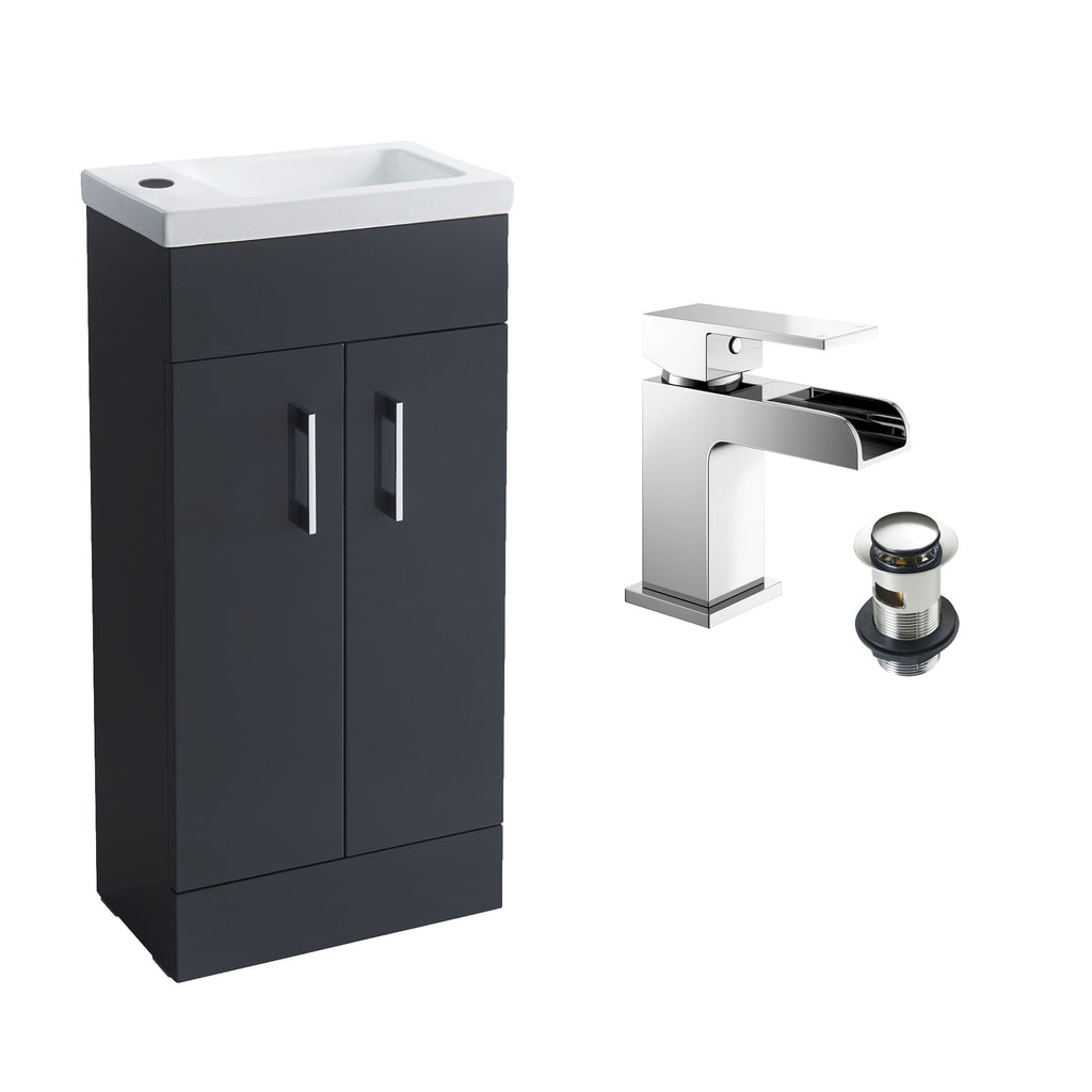 Anthracite Grey 400 Vanity Basin Sink Unit & Chrome Waterfall Tap & Handles