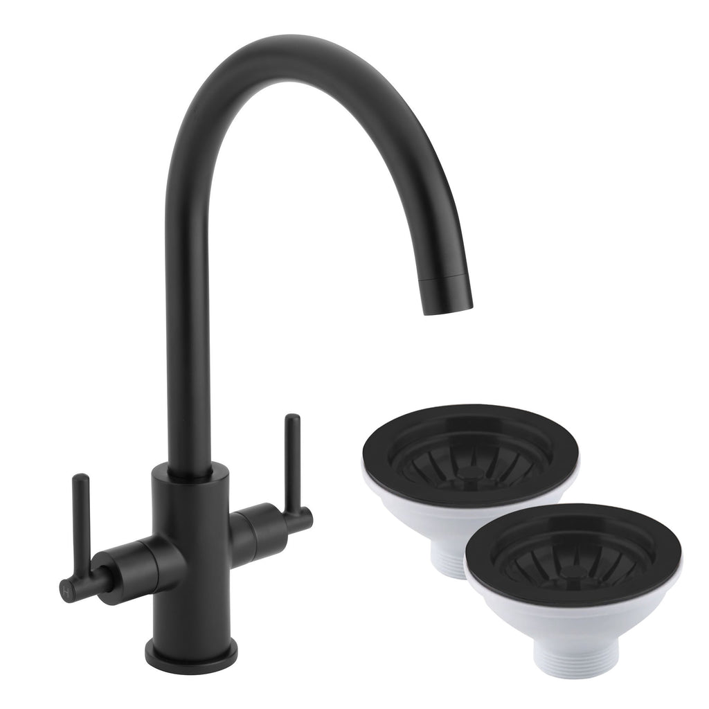 Luxury Matt Black Dual Lever Kitchen Sink Mixer Tap with Two Matching Basket Strainer Wastes