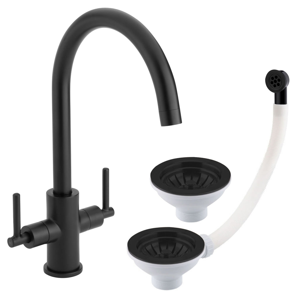 Luxury Matt Black Dual Lever Kitchen Sink Mixer Tap with Two Matching Basket Strainer Wastes & Round Overflow