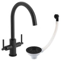 Luxury Matt Black Dual Lever Kitchen Sink Mixer Tap with Matching Basket Strainer Waste & Round Overflow